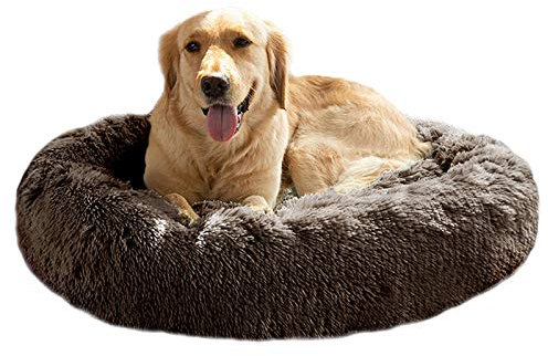 Donut Bed, Faux Fur Dog Beds for Medium Small Dogs - Self Warming Indoor Round Pillow Cuddler Black & Brown & Grey & Beige & Khaki