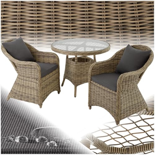 tectake® Alu Polyrattan Sitzgruppe für 2 Personen, Gartenmöbel Set mit Tisch und 2 Sessel, wetterfest, Lounge Möbel für Garten Terrasse Balkon, 3-teilige Rattan Gartenlounge inkl. Sitzpolster - Natur