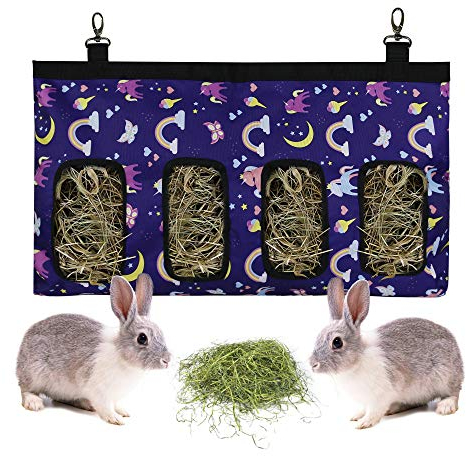 Kaninchen Heutasche Meerschweinchen Futterstation Futterspender Kleintiere Heutasche Futtersack für Hase Chinchilla Hamster Kleine Tiere (4 Fenster, Muster Lila)