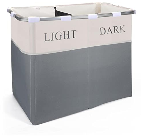 Vinsani Lights and Darks Folding Laundry Sorter Basket Box Bag Bin Hamper Washing Cloths Storage 2 Compartments, Metal - Light Grey