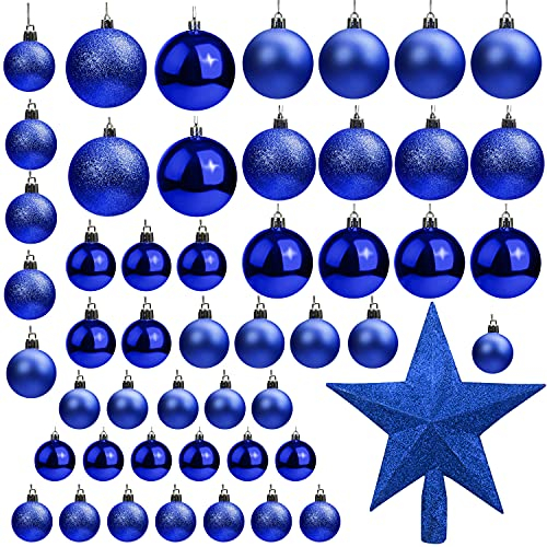 Belle Vous 50 Pack Christmas Baubles- Assorted Size Glittery Navy Baubles with Star Tree Top - Xmas Tree Ball Hanging Ornaments for Christmas Decorations Holiday Party Indoor & Outdoor Decorations