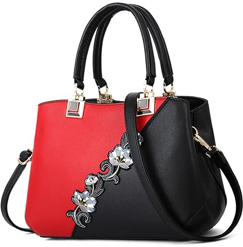 VARLIVOO Handtasche Damen Mittelgroß Elegant Taschen mit Blumenstickerei Leader PU Henkeltasche Frauen Schultertasche Shopper fur Reisen Büro Einkauf Rot