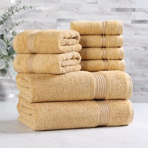 Superior Handtuch-Set, ägyptische Baumwolle, 8-teilig, Waschlappen 33 x 33 cm, Handtücher 40,6 x 76,2 cm, Badetücher 76,2 x 137,2 cm, Gold