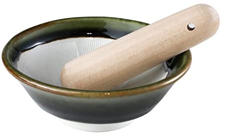 Asayu Japan Ceramic Olive Green Mortar Bowl 4.29in (109mm) with Wooden Pestle, Made in Japan Dishwasher and Microwave Safe Ripple Ridge Suribachi and Surikogi Set - Olive Green Mortar and Pestle Set