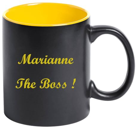Ocadeau Mug noir avec intérieur jaune personnalisé gravé – Tasse en céramique noire et jaune avec gravure texte - Tasse personnalisable avec texte gravé en jaune