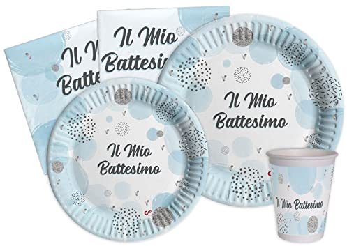 Kit Party Tavola Battesimo per 8 persone (44 pezzi: 8 piatti Ø23cm, 8 piatti Ø18cm, 8 bicchieri 200ml, 20 tovaglioli 33x33cm) in carta compostabile eco-friendly, azzurro