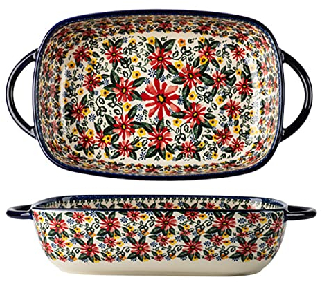 Bicuzat Keramik-Backform mit roten Gänseblümchen im Vintage-Stil, Auflaufform für Lasagne-Pfannen mit Griffen für Backofen/Kochen/Küche, 1 Stück, 1,7 l