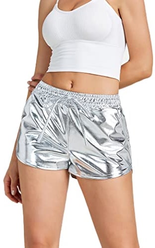 NewL Glänzende metallische sexy Damen-Shorts, hohe Taille, reflektierende Hose, glitzerndes Outfit, elastische Taille, Rave, Tanzparty, Silber, M