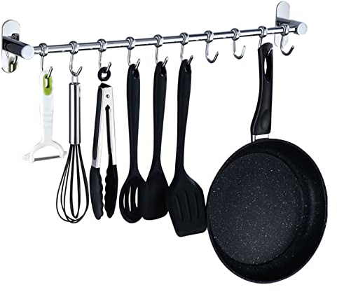 UTHTY Towel Rack Utensil Rail Adhesive Kitchen Wall Rack No Drill Pot Pan Rack Stainless Steel with Hooks Wall Mounted for Kitchen Pots Kitchen Utensils,57cm Bathroom Hardware Pendant (Size : 57cm)