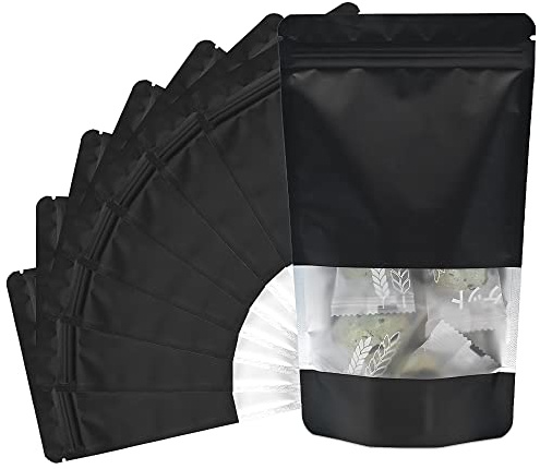 ADQUATOR 30 sacchetti in Mylar con chiusura lampo con finestra trasparente, 12 x 20 cm, in plastica nera satinata, richiudibili, per conservare alimenti, gioielli, dolci