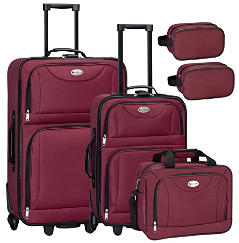 Juskys Trolley Ensemble de valises 5 pièces - 60 et 34 litres, 2 Roues, Coque Souple, Tissu Hydrofuge, légères, Bagage à Main - valises Couleur Bordeaux