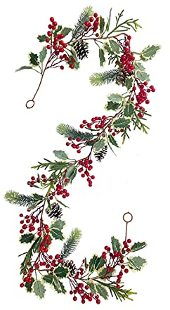 kemengsuer 5,9 Fuß Lange Beeren-Weihnachtsgirlande, Künstliche Beerengirlande mit Biegbaren Stielen, Weiße Rote Beerengirlande mit Tannenzapfen und Grünen Blättern, Grüne Wintergirlande für die(D)