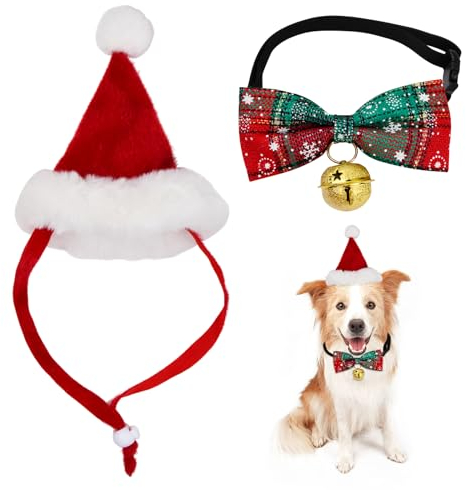 Weihnachten Katzenkostüm Hundekostüm Haustier Weihnachtskostüme Set, Kragen Fliege Hundehalsband Schneeflocke und Haustier Weihnachtsmütze Verstellbare Weihnachtsmann Anzug für Kleine Hunde Katzen(M)