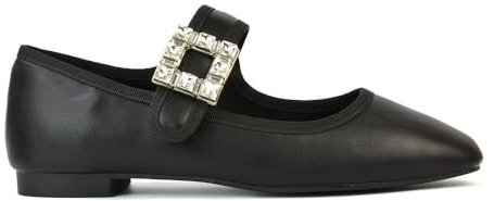 ESSEX GLAM Womens Flat Shoes Ladies Square Toe Diamante Buckle Strap Black Synthetic Leather Mary Jane Flat Walking Dolly Pumps Size 5