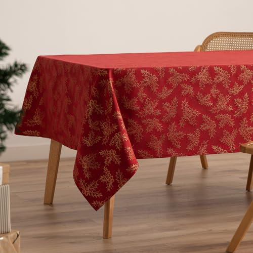 GAMUSI Tischdecke für Weihnachten, Jacquard, Goldgarn, Esstisch, rechteckig, Weihnachtsdekoration, 140 x 300 cm, Rot