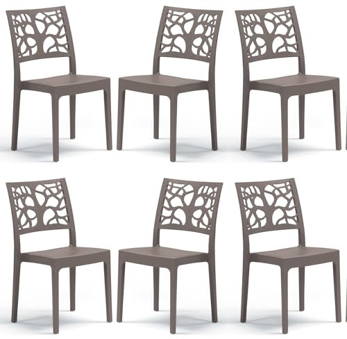 Set 6 sedie in polipropilene TETI, MADE IN ITALY, impilabile, idrorepellente, resistenza raggi UV, design moderno albero della vita per sala da pranzo, cucina, bar, ristoranti, esterno (Tortora, 6)