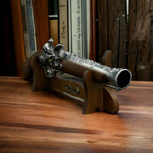 Steinschloss Pistole Mit Ständer oder Perkussions Pistole Holz und Metall Deko Waffen Replik LARP Reenactment historische Dekoration für einen Sammler oder Geschenk für Mann schießt Nicht (W108)