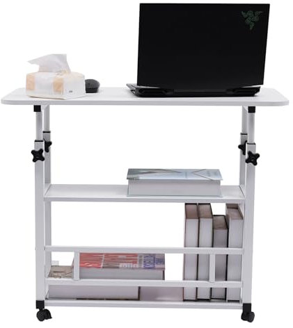 GMSLuu Beistelltisch Sofatisch mit Rollen mobiler Kaffeetisch Wohnzimmertisch für Kaffee und Laptop höhenverstellbar 60-90cm 3 Etagen Abstelltisch 80 x 40 x 90 cm (Weiß)