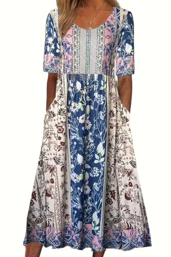 ABYOVRT Damen Kleider Lose Sommerkleid Lang Freizeitkleid Bohe Midikleid für Rundhals Strandkleid Blumenkleid Midi Kleid mit Taschen,L