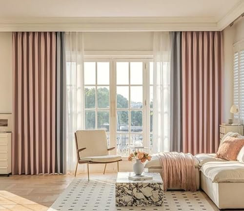 Gualiy Vorhang Gardine 2er Set, Gardinen Vorhänge Blickdicht mit Haken 86x183CM Einfarbiges Patchwork Gardinen Rosa Grau Vorhänge für Wohnzimmer