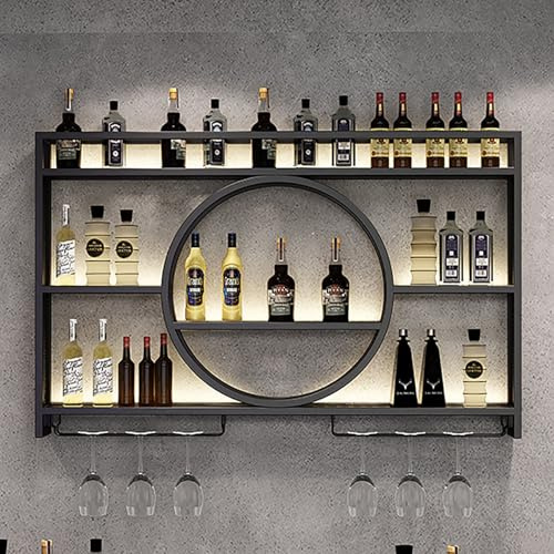 Estante de vino montado en la pared con luz , unidad de barra flotante estante de exhibición de botellas de licor, estante de almacenamiento multifuncional con soporte para copas de (140x15x80cm)
