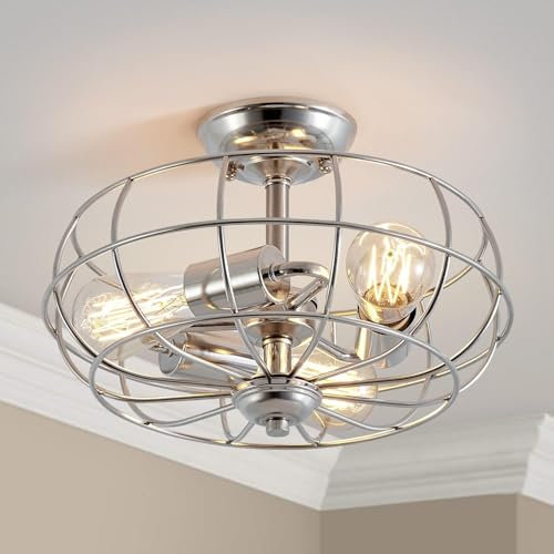 SHRINE LIGHTING Halb-Deckenleuchte, im Bauernhausstil, perfekte Chrom-Kronleuchter für Wohnräume, D33 x H13,5 cm, E27-Fassung mit 3 Lichtern(Glühbirnen sind nicht enthalten), Nickel-Finish