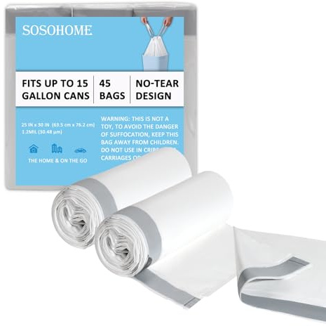 Lot de 45 sacs poubelle de cuisine de 45 litres avec cordon de serrage – Sacs poubelle blancs de 1,2 mm d'épaisseur pour bureau et cuisine