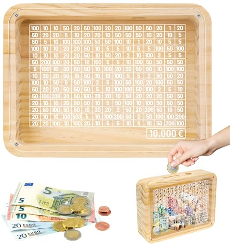 Kkluno Spardose 10000 Euro, Spardose mit Zähler, Holz Spardose mit Klare Platte, Wiederverwendbar Sparbox mit Zahlen Ankreuzen, Geeignet für Kinder und Erwachsene