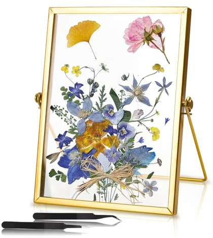 Unvtap Glasbilderrahmen 15x20cm Glasrahmen für Gepresste Blumen Bilderrahmen Beidseitig Sichtbar Gold Doppelglas Bilderrahmen Stehend Durchsichtig Fotorahmen Pflanzenprobe Artwork Bild Display Halter