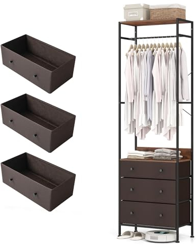 HOMASIS Kleiderständer mit 3 Schubladen & Ablage, offener Garderobenständer aus Holz & Metall, Freistehende Garderobe mit Kleiderstange für Schlafzimmer, Wohnzimmer & Flur, 55x28x176cm, Braun