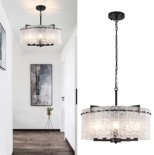 WTUOING Lustre Salon Moderne Noir 5 Lumières Suspension Luminaire Verre pour Salle à Manger Cuisine, Plafonnier Moderne Noir pour Salon Chambre Couloir