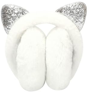 AOWVUTS Cache Oreilles pour Filles et Femme Cache-Oreilles en Peluche Pliable Couvre-Oreilles Paillettes Chat Jolis Protège-oreilles Chauds Doux pour Hiver de Temps Froid (BLANC)