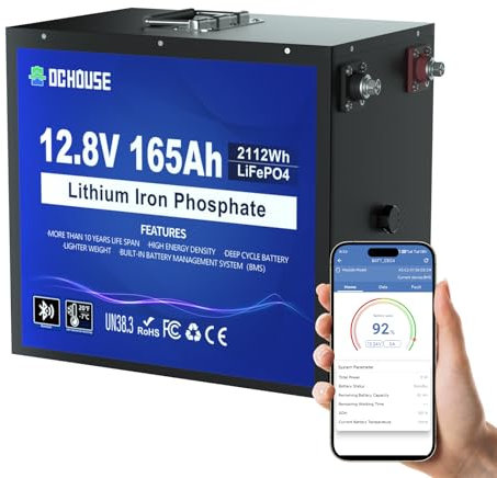 DCHOUSE Batteria al litio LiFePO4 da 12 V, 165 Ah, con Bluetooth, protezione dalle basse temperature, batteria al litio Deep CycleLite, perfetta per camper, impianti solari, roulotte, campeggio
