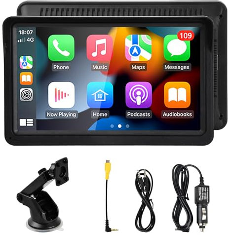 Focenat 7 Pulgadas Portátil Radio Coche,Portátil Pantalla Táctil Reproductor Bluetooth,Radio Coche para Carplay Inalámbrico y Android Auto,con Bluetooth Manos Libres/GPS/AUX/FM Transmisión