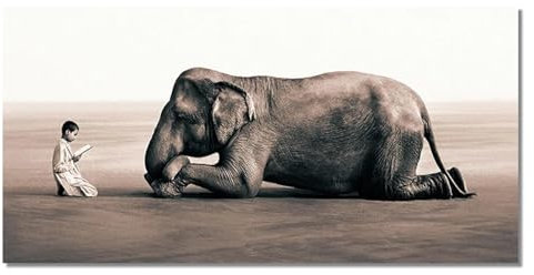 JACBON Boy Reading to Elephant Canvas Painting Ashes and Snow Posters and Prints Wall Art Animals Pictures for Living Room Decor 60x135cm/24x53inch InternalFrame