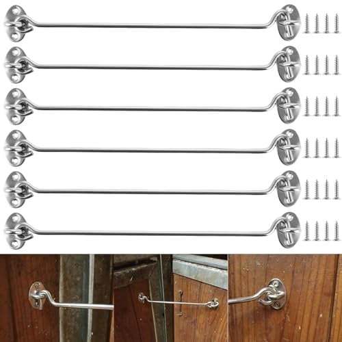 YAYODS Lot de 6 crochets tempête de 30 cm en acier inoxydable avec œillet - Crochets de fermeture en acier inoxydable argenté - Crochets de fermeture de porte - Crochets de porte - Crochets tempête