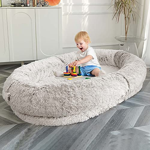 XHSMYXGS Hundebett Flauschiges Hundebett, Bett für Menschen, Sitzsack-Hund, riesiges Sitzsack-Hundebett, waschbares Kunstfell-Hundebett für Menschen zum Einschlafen (Grey 100cm)
