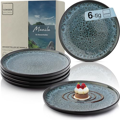 Sänger Manila | Dessertteller 6 teilig, Steingut Teller Set 6 Personen, Kuchenteller - spülmaschinenfest mikrowellenfest multifunktional - Steingut Geschirr blau mit schwarzem Rand | VALUE COLLECTION