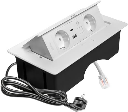GTV Prise encastrable MULTISOFT blanche avec 2 prises Schuko, USB A+C, RJ45, escamotable avec couvercle, câble de 1,5 m, idéale pour le bureau, la table de conférence ou le plan de travail de cuisine