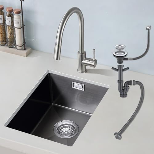 ROVOGO 400x340mm Black Undermount Kitchen Sink with Basket Strainer Waste and Overflow Kit, Small Compact Handmade Stainless Steel Sink Kitchen Single Bowl