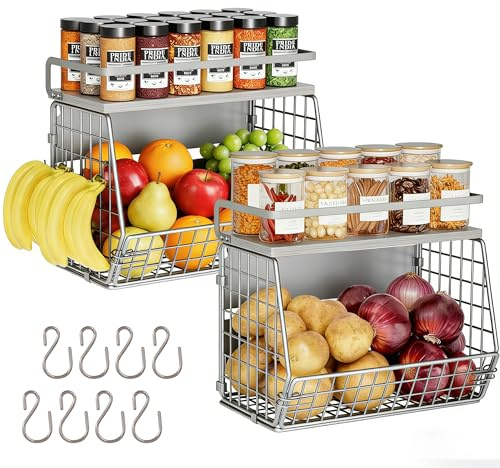 Clothink Obstkorb, 2-in-1, magnetischer und hängender Wandkorb für Kartoffeln, Zwiebeln, Obst und Gemüse, magnetisches Gewürzregal für Kühlschrank, Küche, Theke, Schrank, Speisekammer