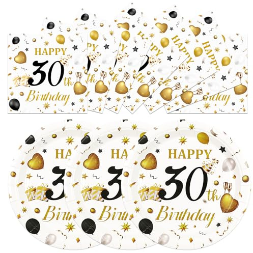 HFBOBP 50PCS 30th Birthday Plates and Napkins Party Decorations, 7 Inch White and Gold Happy 30th Birthday Paper Dessert Cake Plates and Napkins Set Disposable Tableware Party Favors for Women Men