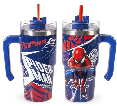 H&H Taza térmica con pajita Spiderman NY - Vaso térmico 0,6 l, acero inoxidable | Aislamiento térmico de doble pared | Reutilizable, antigoteo, ideal para la escuela, oficina, deportes y viajes