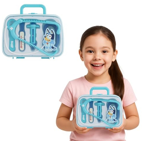 5 Pcs Bluey's Medical Case for Kids – Doctor Toy Set with Stethoscope, Thermometer, Syringe & More | Pretend Role Play Kit | Portable Light Blue Carry Case | Ages 3+