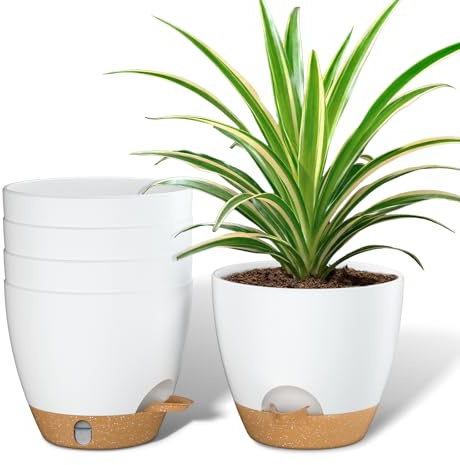 ZMTECH Macetas de 15 cm con orificios de drenaje, platillo, macetas de riego automático con entrada de riego, maceta de plástico para plantas de interior y exterior (juego de 5, blanco)