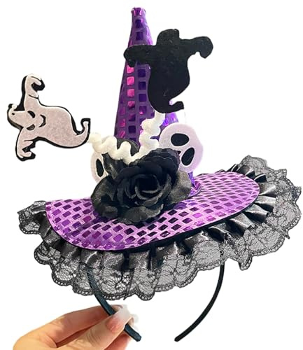 Feclmiyt Halloween-Hut, Stirnband, Kürbis-Blume, Geistermuster, Pailletten, Spitze, Haarreif für Party, Kostüm, Haarschmuck, Urlaub (lila-weiß, Einheitsgröße)