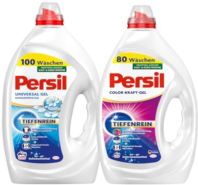 PERSIL Universal Kraft-Gel Morgenfrische 100 WL 4,5 L + Gel Color 80 WL 3,6 l – Waschmittel Set für weiße & bunte Wäsche