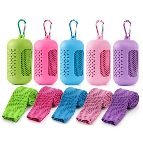 5 Stück Sporthandtuch – Mikrofaser Kühlendes Handtuch, Fitness Sport Kühltuch mit Tragbaren Silikonhüllen, Eisseidenstoff Cooling Towel, Kühltücher für Yoga, Strand, Golf, Camping