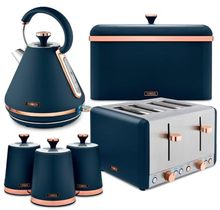 Tower Cavaletto 4 Piece Kitchen Set, 3kW 1.7L Pyramid Kettle, 4 Slice Toaster, Bread Bin & 3 x 1.3L Canisters, Midnight Blue, EEJB473