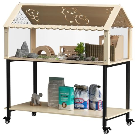 Hamsterkäfig aus Holz, Kleiner Nagerkäfig mit Versteck im Villenstil, Bogenbrücke und Durchfahrt, Transparenter Rattenkäfig für Zwerghamster, Nager, Mäuse